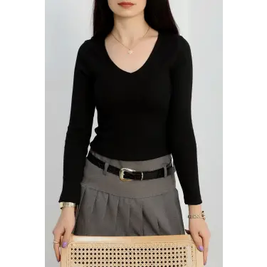 V yaka kaşkorse bluz siyah a3699