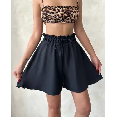 Volanlı keten şort siyah s255058