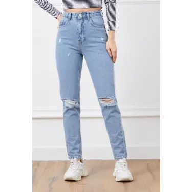 Yüksek bel yırtmaçlı mom jean pantolon
