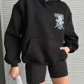 3 iplik şardonlu oversize kafa baskılı sweat siyah