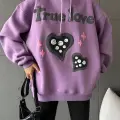 3 iplik şardonlu oversize true baskılı sweat mor