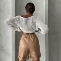 Beli lastikli duble paça deri şort bej w24755