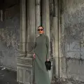 Boğazlı kalın bürümcük uzun elbise yeşil