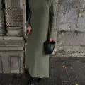Boğazlı kalın bürümcük uzun elbise yeşil
