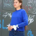 Boncuklu bile detaylı kazak saks mavisi