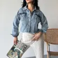 Çift kapaklı püsküllü crop buz mavi d2002