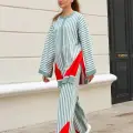 Çizgili bisiklet yaka triko takım Mint