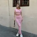 Çizgili etekli takım pembe s3609