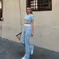 Crop pantolon biyeli takım mavi