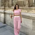 Crop pantolon biyeli takım pembe