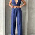 Crop pantolon keten takım s255012