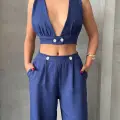 Crop pantolon keten takım s255012