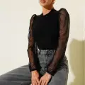 Dik yaka tül kollu bluz siyah t3066
