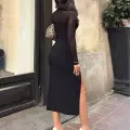 Kadın tül detaylı midi boy yırtmaçlı elbise