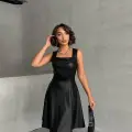 Kare yaka deri elbise siyah h24442