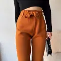 Kendinden kemerli triko pantolon camel