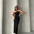 Krinkıl tek omuz uzun elbise siyah s25455