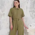Kuşaklı gömlek yaka salaş tulum haki s255822