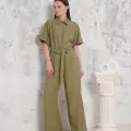 Kuşaklı gömlek yaka salaş tulum haki s255822