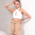 Kuşaklı keten şort bej s255265