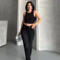 Mom fit enzim bıyıklı taş yıkama jeans pantolon siyah d2006