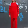 Omuz detaylı kol nakışlı ikili alt üst triko takım kırmızı