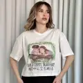 Oversize Beyaz baskılı crop tişört