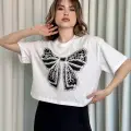 Oversize Beyaz baskılı crop tişört