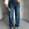 Palazzo bıyık enzim yıkama jeans pantolon koyu mavi d2008