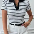 Polo yaka garnili bluz Beyazsiyah