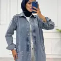 Taşlı tunik ceket kar yıkama orta mavi d2516