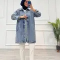 Taşlı tunik ceket kar yıkama orta mavi d2516