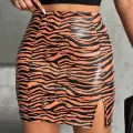 Tek yırtmaçlı zebra desenli deri etek kahvesiyah w24475-S