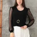 Tokalı tül kollu bluz siyah t4071
