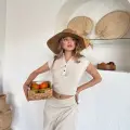 Uzun etekli bluz takım keten krem s255852