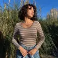 V yaka çizgili bluz bej A3699
