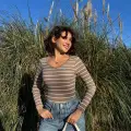 V yaka çizgili bluz bej A3699