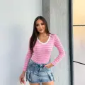 V yaka çizgili bluz pembe A3699