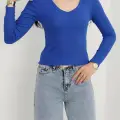 V yaka kaşkorse bluz saks mavisi a3699