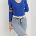 V yaka kaşkorse bluz saks mavisi a3699