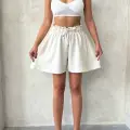Volanlı keten şort bej s255058