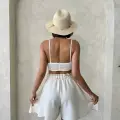 Volanlı keten şort bej s255058