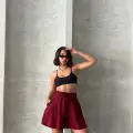 Volanlı keten şort bordo s255058