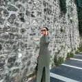 Yırtmaçlı kalın bürümcük uzun elbise Yeşil