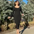 V yaka Uzun kollu midi boy elbise siyah A3154