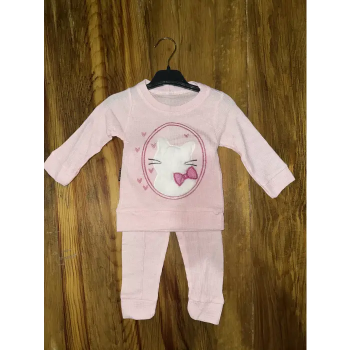 3-12 aylık kedi desen işlemeli takım pembe