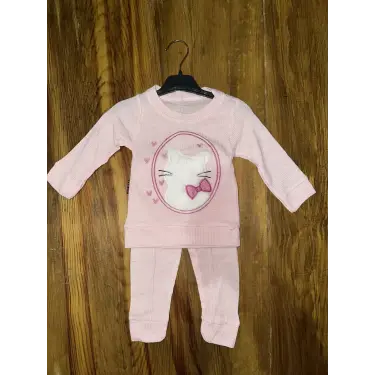 3-12 aylık kedi desen işlemeli takım pembe