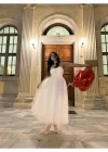 Kadın Beyaz Askılı Kabarık Midi Tül Elbise