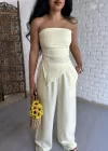 Kadın Asimetrik Straplez Bluz Ve Pantolon Keten Takım