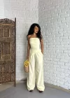 Kadın Asimetrik Straplez Bluz Ve Pantolon Keten Takım